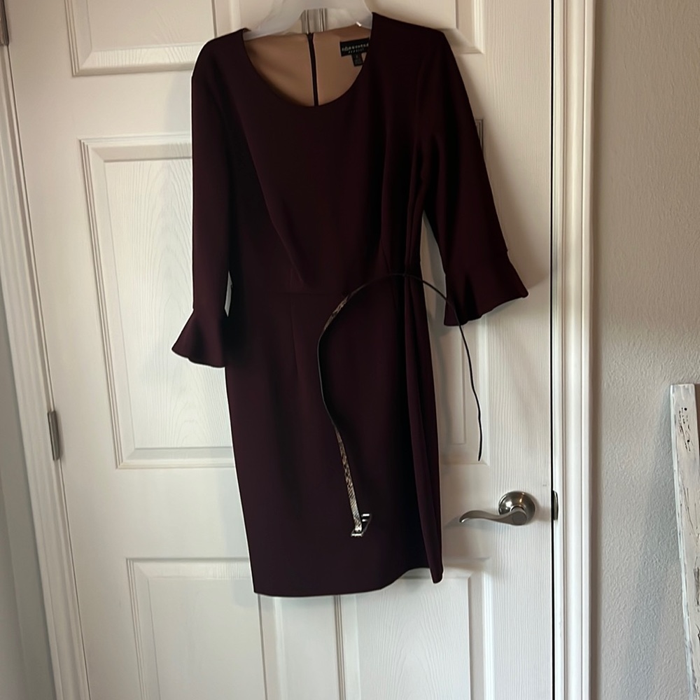 Maroon quarter sleeve dress with rattlesnake pattern belt